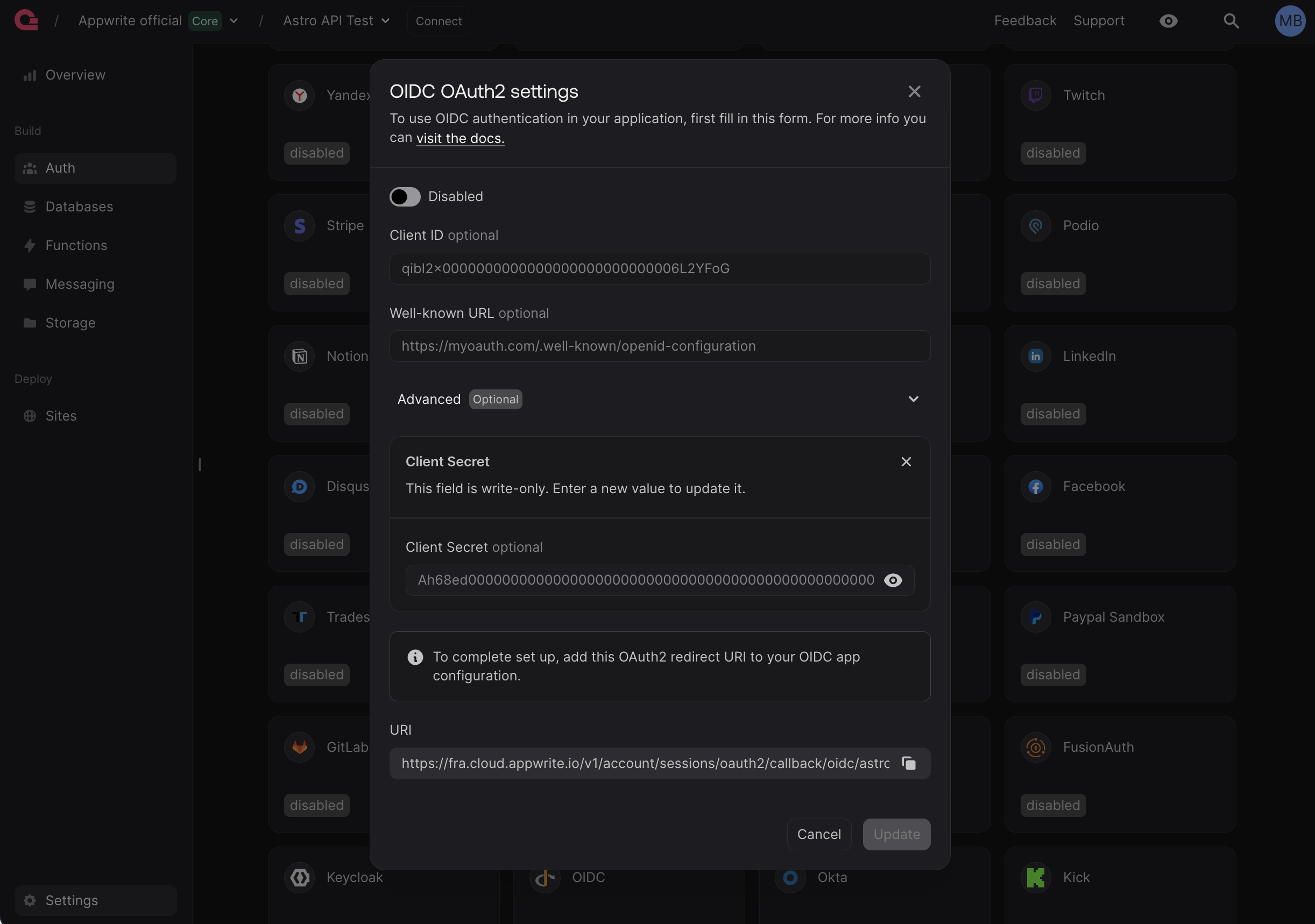 Appwrite OIDC Settings