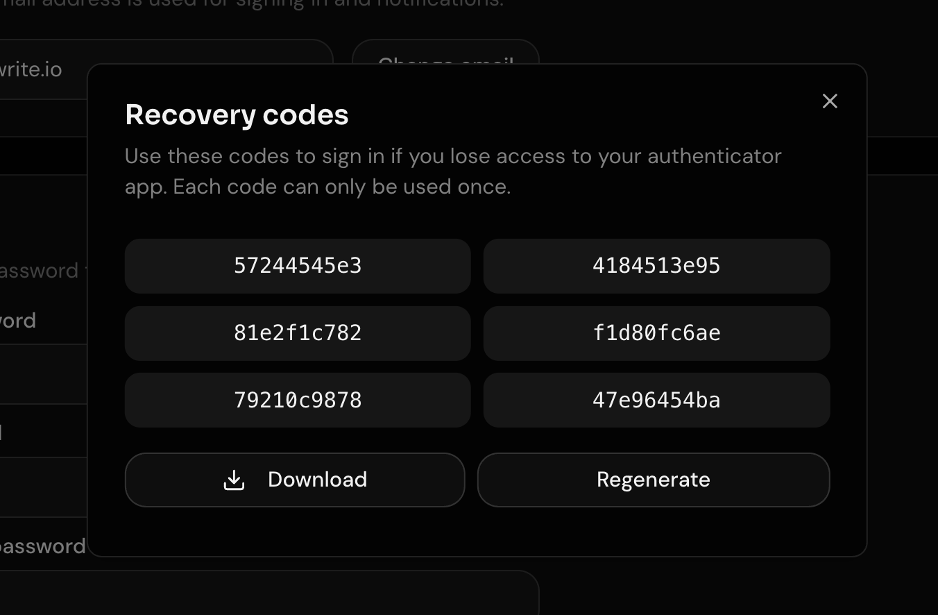 Settings recovery codes
