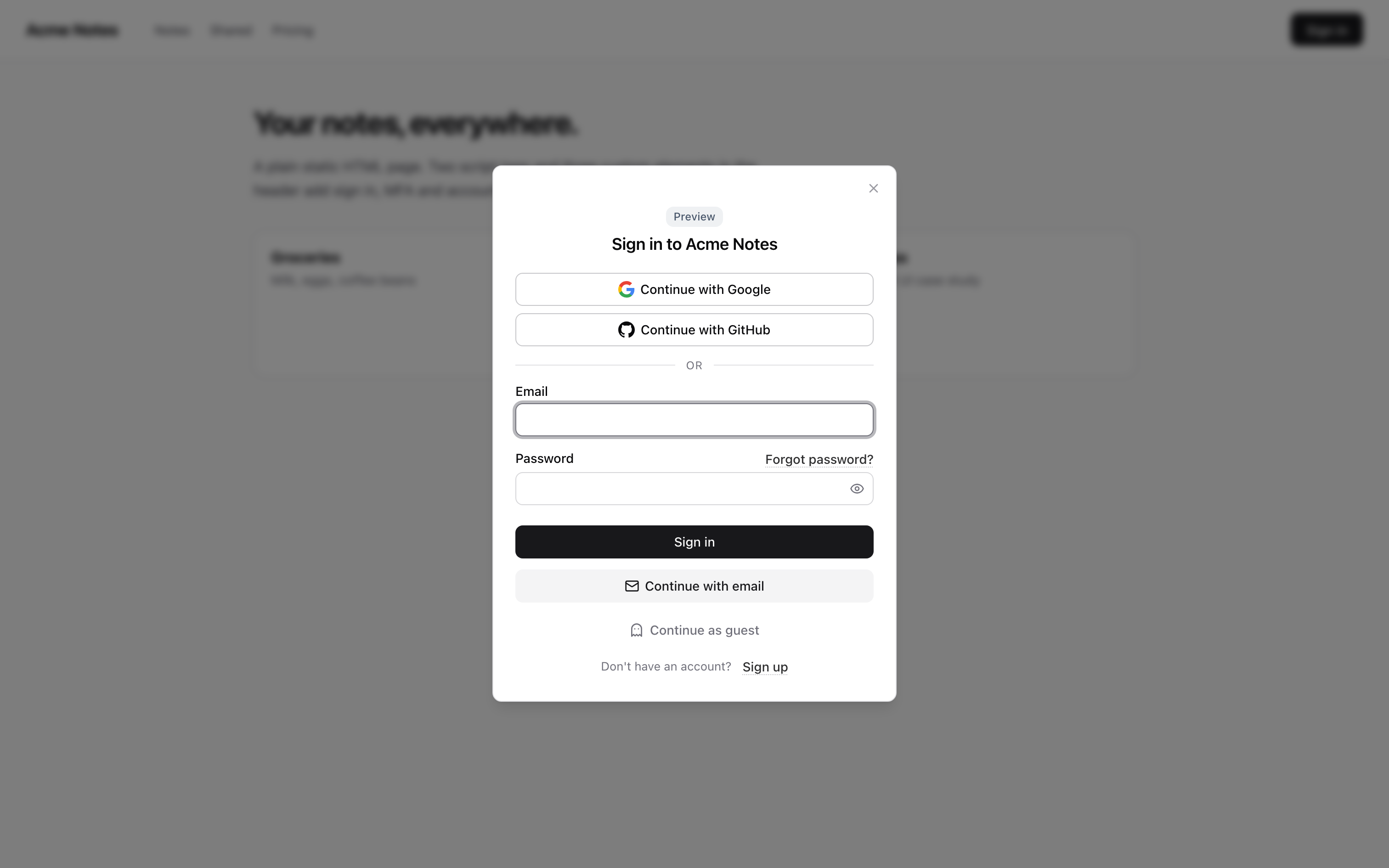 Sign-in modal on a plain HTML page