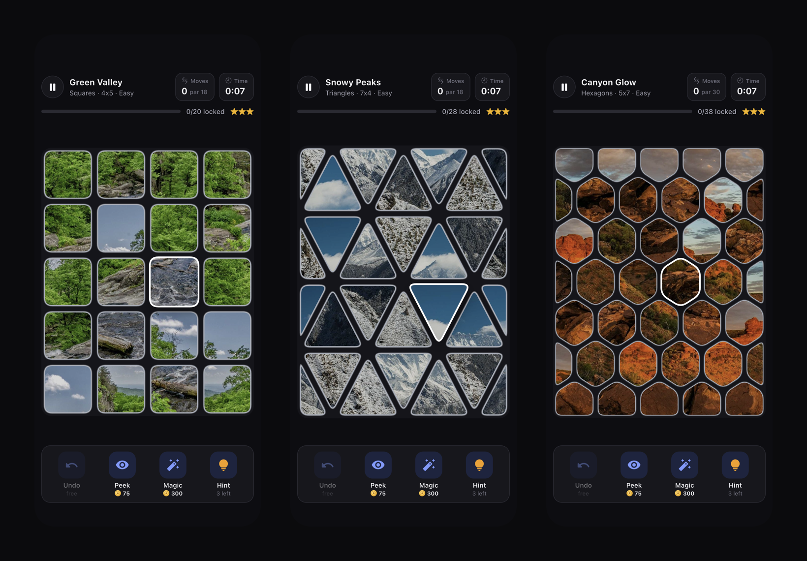 Squares, triangles and hexagons boards