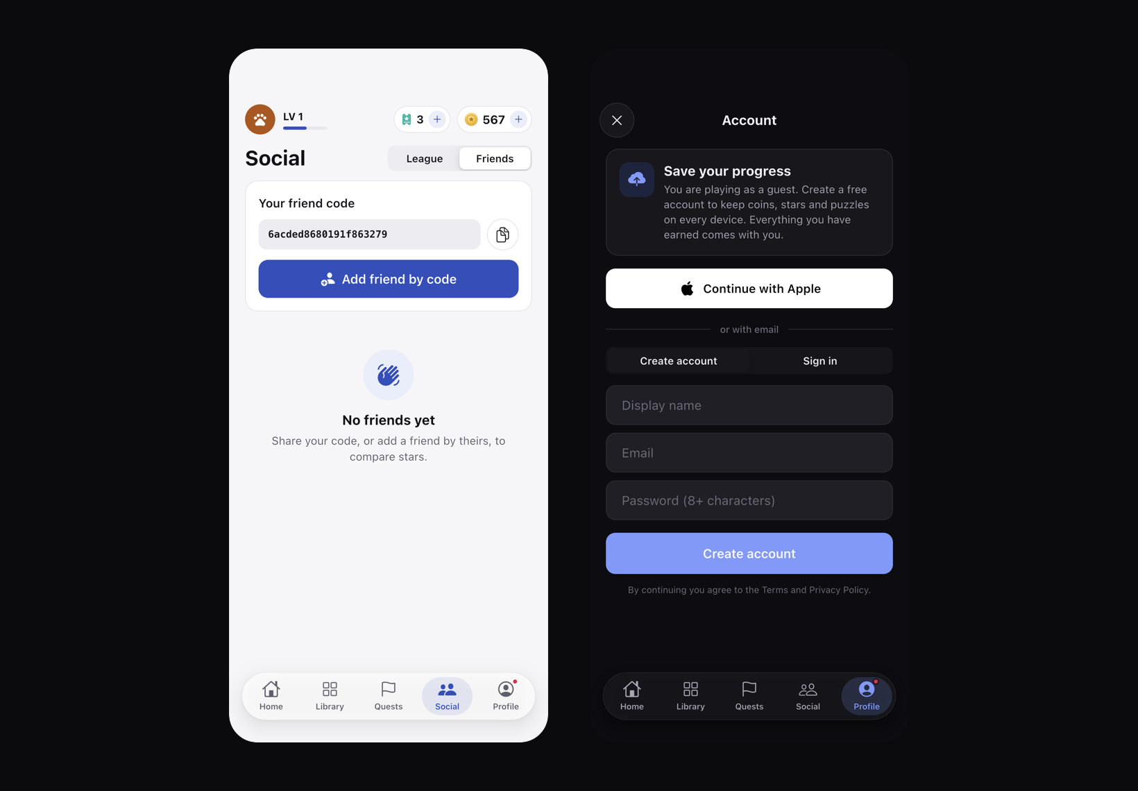 Friends and account screens