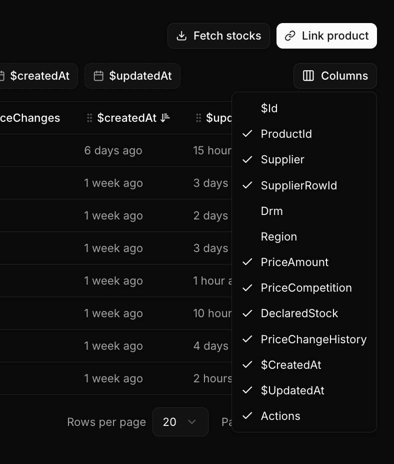 Visibility of columns in all tables can be toggled for personalization. All of these settings, alongside more below, are stored in user preferences, so they are remembered between reloads, sessions, and even devices.