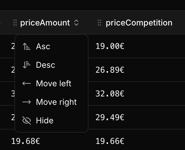 All table columns can also be reordered (by dragging, or by left/right move action), or used for sorting the rows. We also have a show/hide action here too, for improved UX, to make finding this action easier.