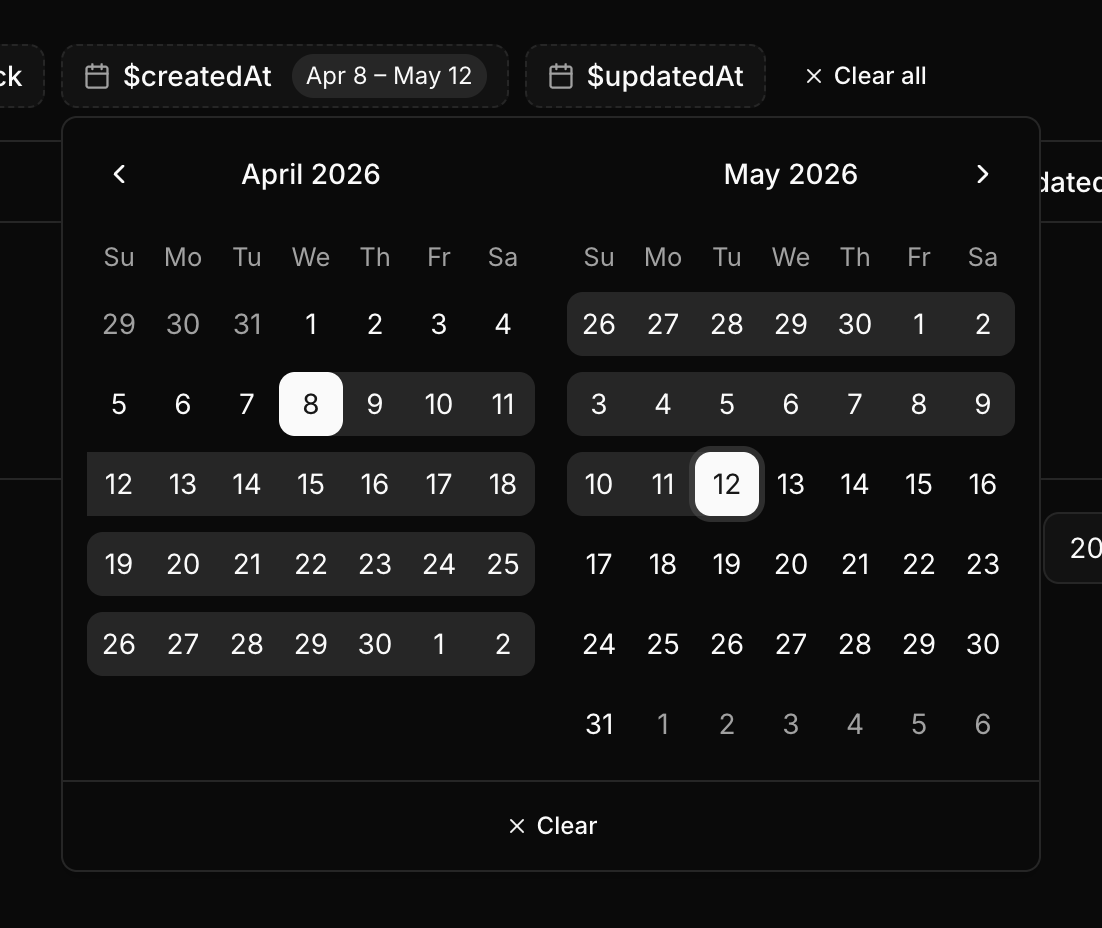 Tables include multiple types of filters - one of my favourites, a date filter. All date columns in tables can be filtered for a specific day, or a range of days spanning weeks, months, or years.
