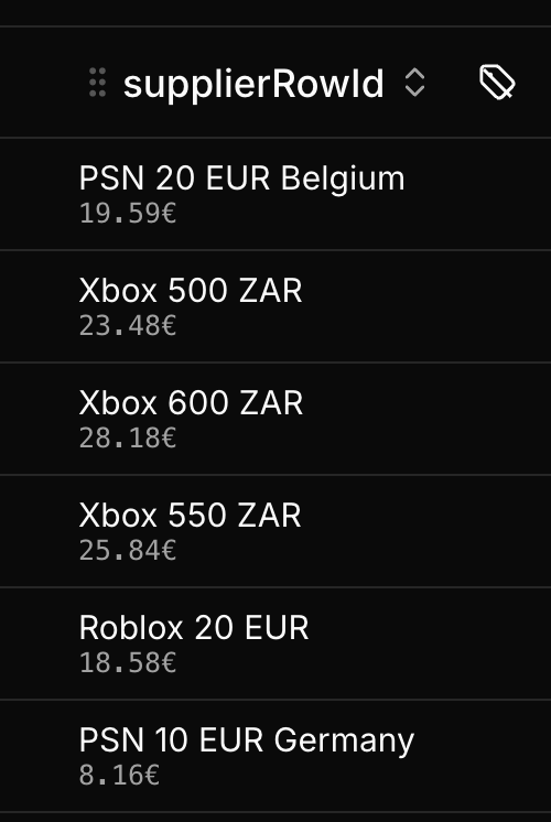 Supplier ID was a special cell. I wanted to maintain consistency between the table and the underlying database schema, but seeing supplier details directly in the table was a huge benefit when using the dashboard. A great compromise was adding a toggle between seeing ID and labels, with labels being product name and price - exactly the details useful in this dashboard.
