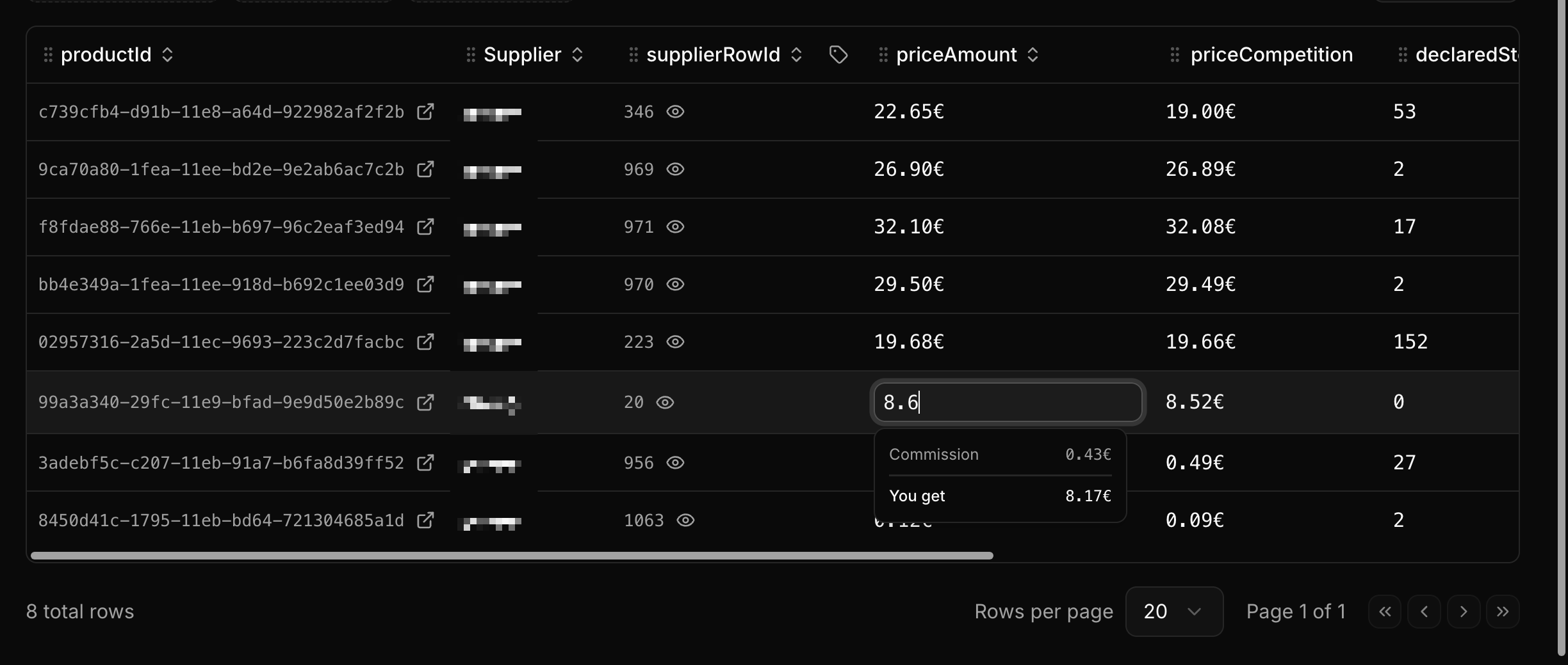Since the selling price needed to be edited very often, I added quick edit by double-clicking the value. Commission rates are fetched dynamically to always show you the final profit, so you can make the most educated decisions. When editing the price more than 10 times per day, an extra fee is applied, and this popover shows it in orange to warn you about it. Most likely this fee makes you not want to adjust the price anymore, but in rare scenarios when the margin still remains profitable, you can proceed after the warning.