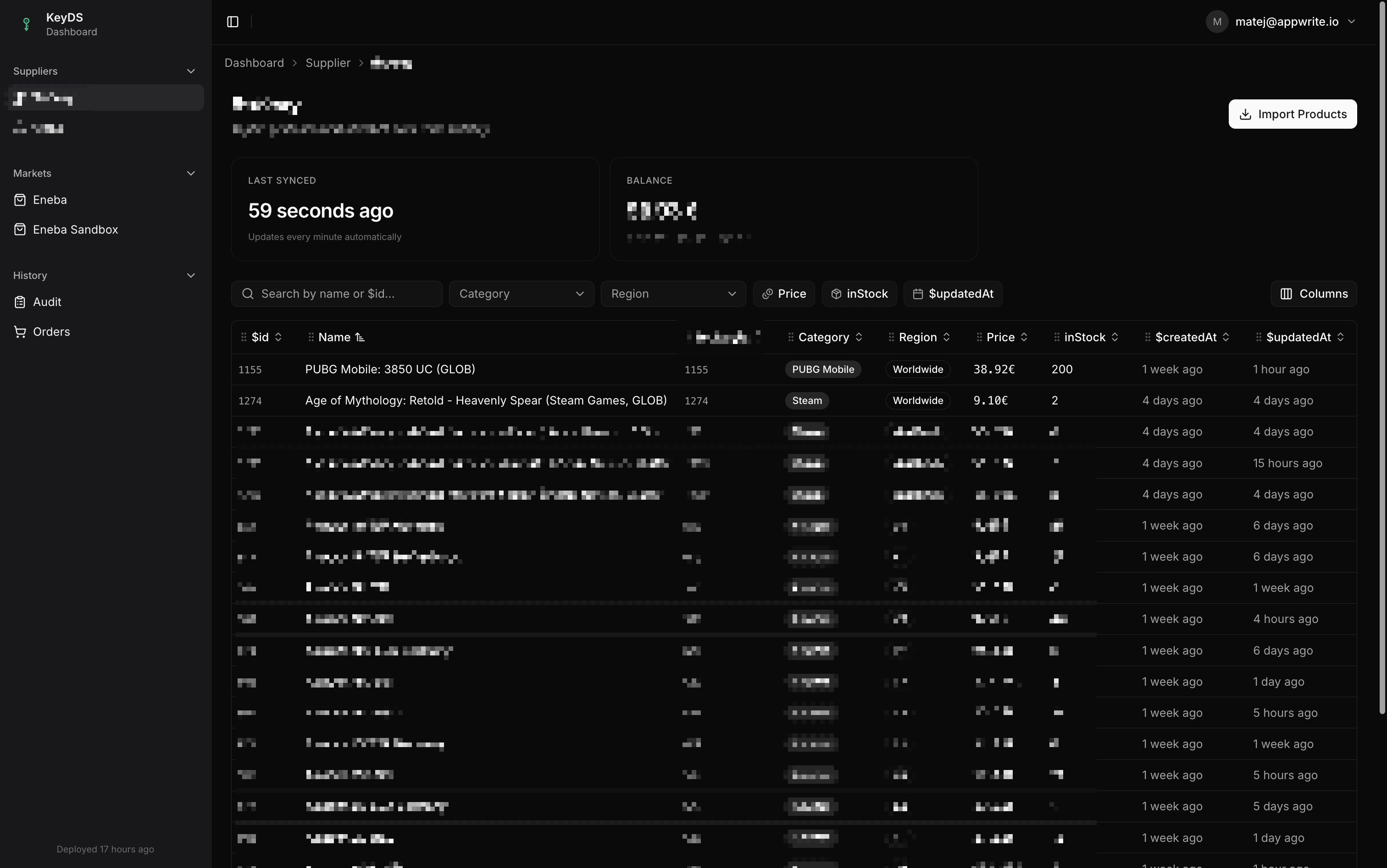 A critical screen - dashboard with a table of supplier products. This serves as a quick look into what products are available in stock, at what price, with what restrictions, and how recently their price has been updated. The dashboard also includes the current balance with the supplier for informative purposes, and critically important information about the last synchronization. As you can imagine, even a 5-minute delayed sync can result in a wrong assumption about supplier price, resulting in a loss when selling for margin.