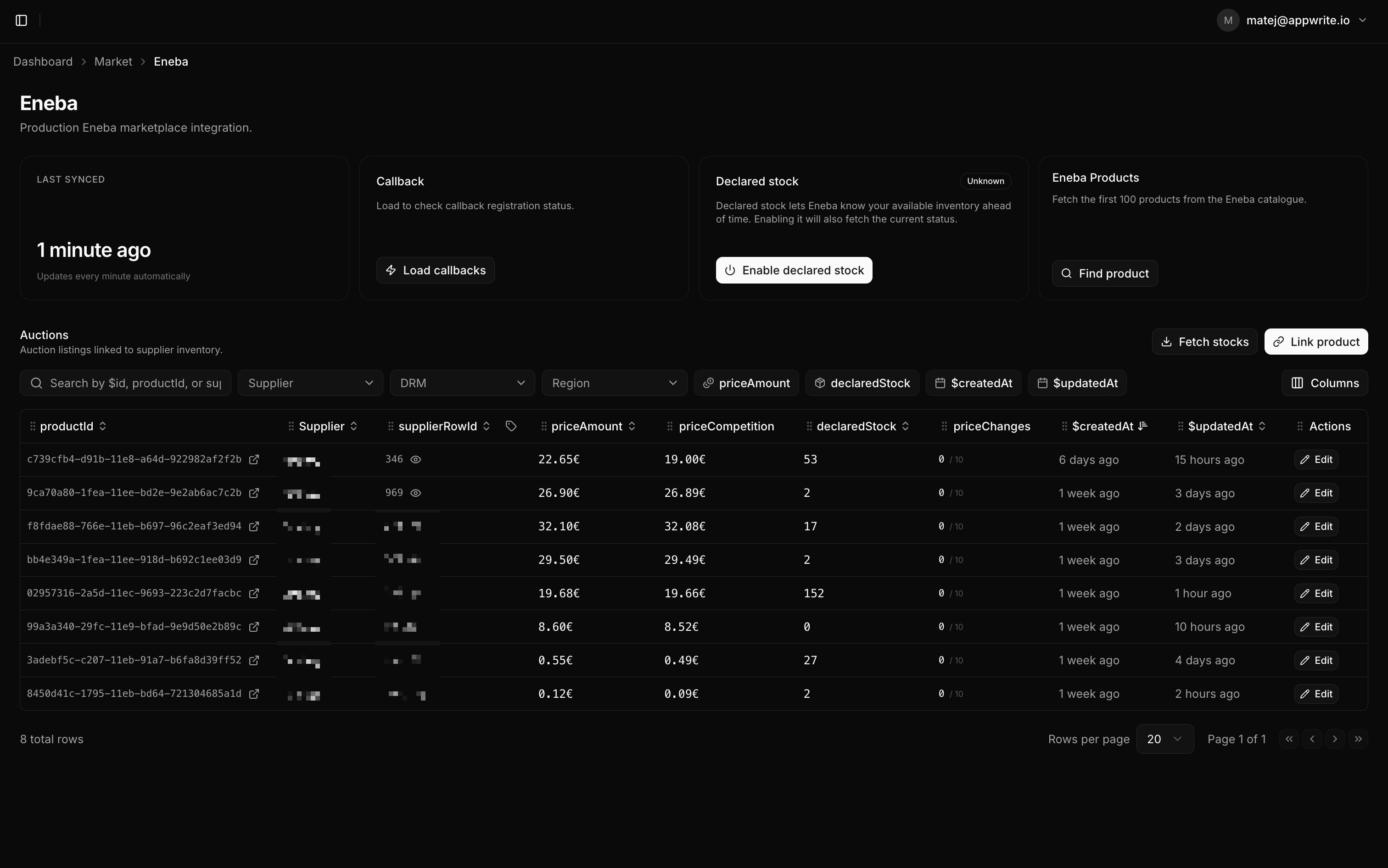 An equally critical screen - a table of auctions at a market. Alongside all the important information about the supplier, here we also see the selling price, price of the cheapest competitor, and a detail about remaining free daily price changes. Above the table we again see a synchronization timer (important to ensure stock changes are reflected as quickly as possible and competition pricing remains up to date), and debugging cards useful when something goes wrong.