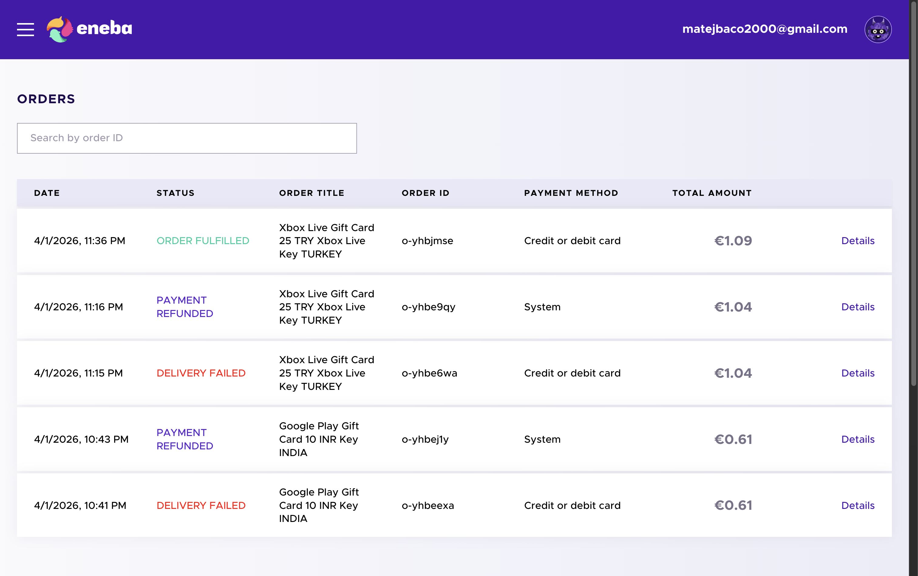 Eneba order history showing a fulfilled order. Also, a humble showcase of a few failed orders - not everyone is perfect, but what matters is the final result.