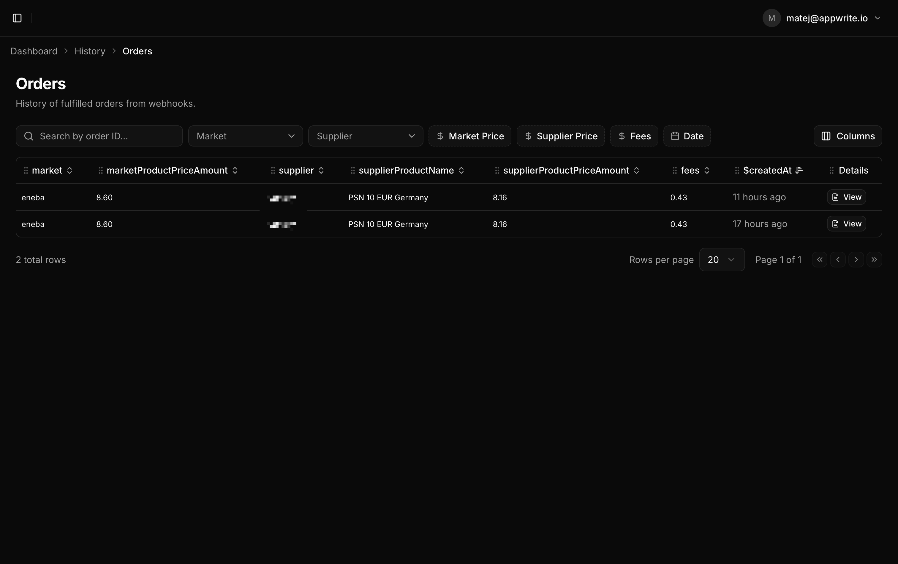 And for the final screen, just a celebration of all orders highlighting profit and product sold. Importantly, this also houses digital keys for scenarios where an order wasn't successful, so a key can be reused or sent to the buyer manually.