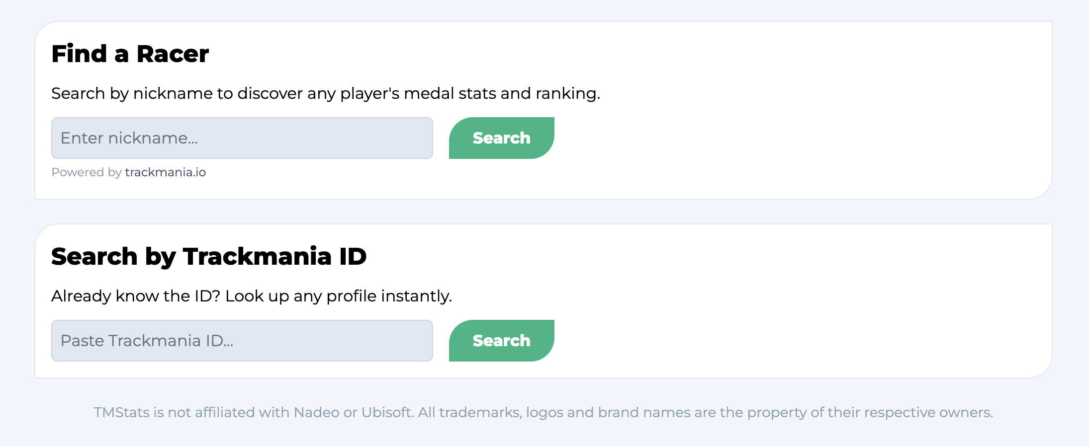 The homepage footer consists of a search interface to find yourself, your favorite players, or discover new profiles. The minimal UI keeps the focus on reaching the stats as quickly as possible.