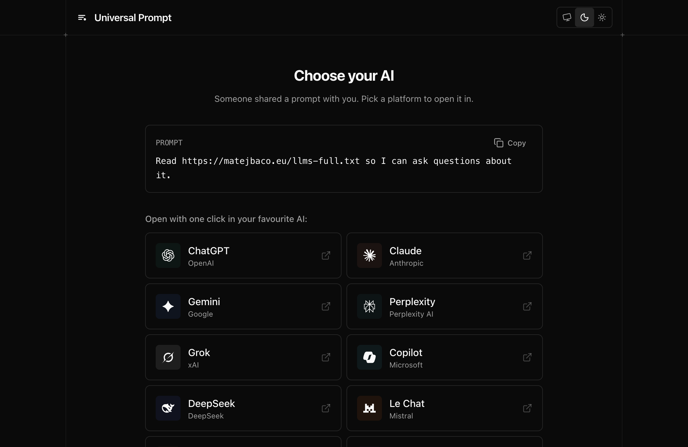 Showcase of the quick link website that will be seen by a visitor when opening your prompt's link.