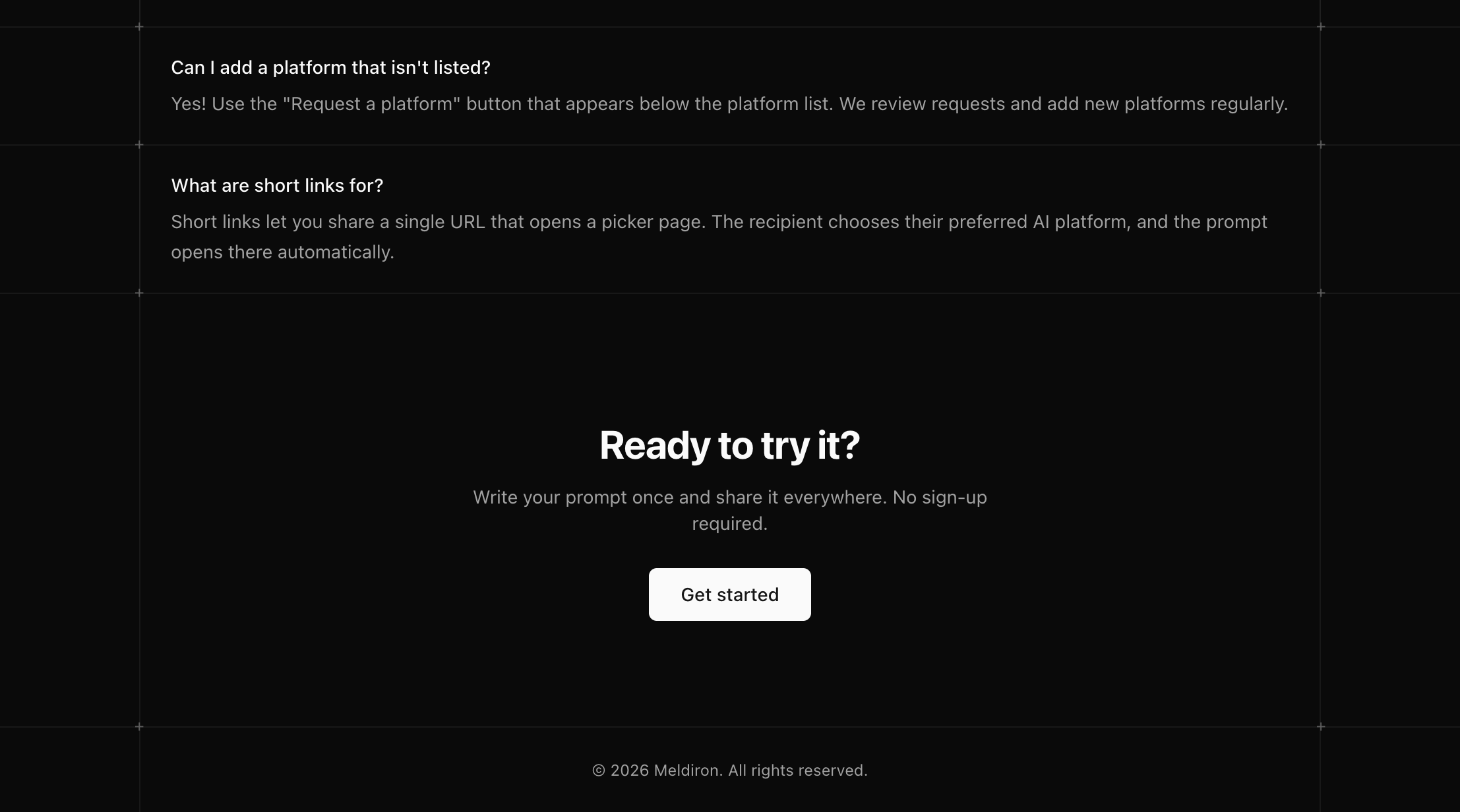 Homepage finishes with a CTA to start using the app, and a small footer.
