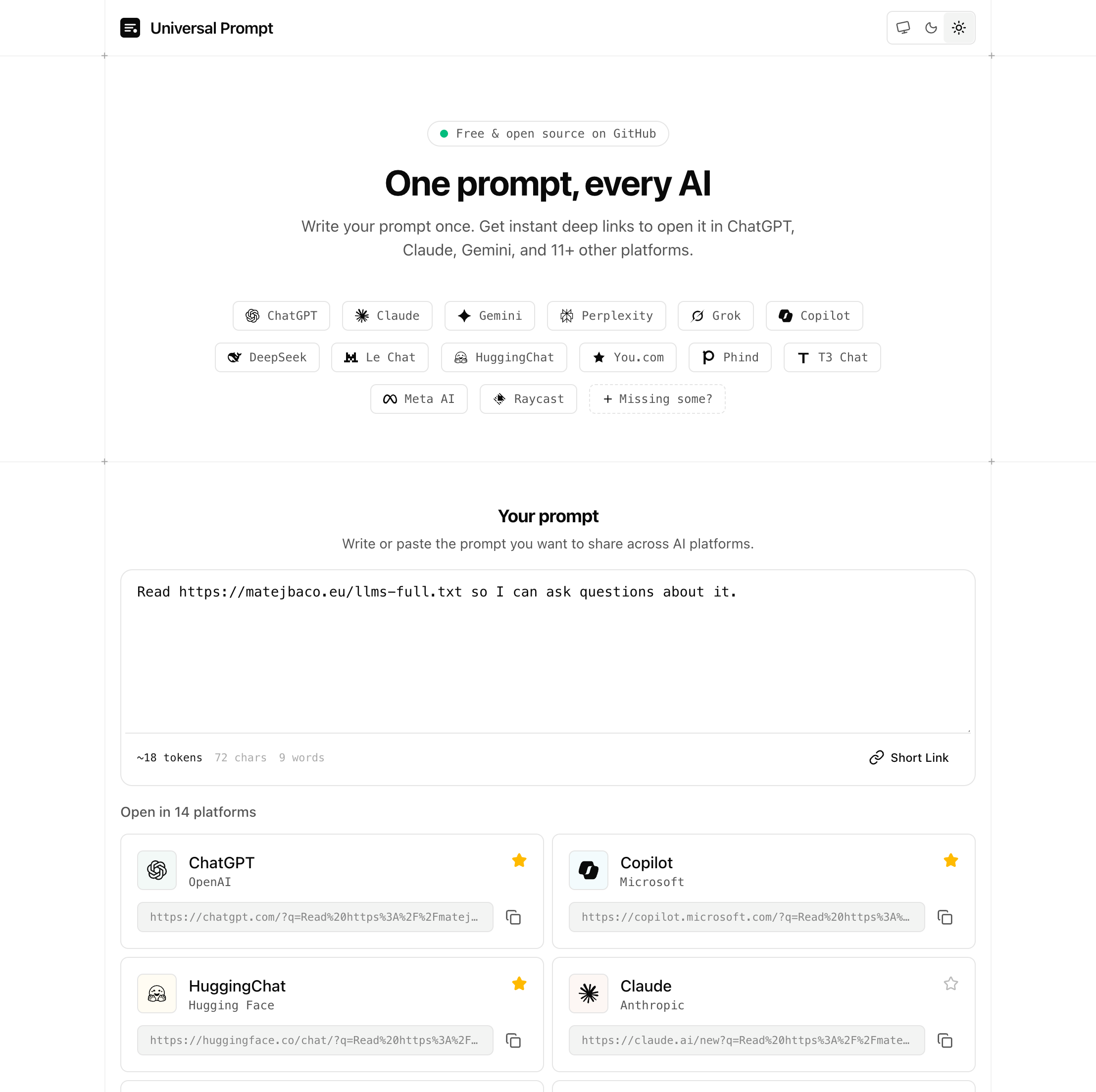 The entire website is built with shadcn/ui, so the theme can be switched to light at any time.