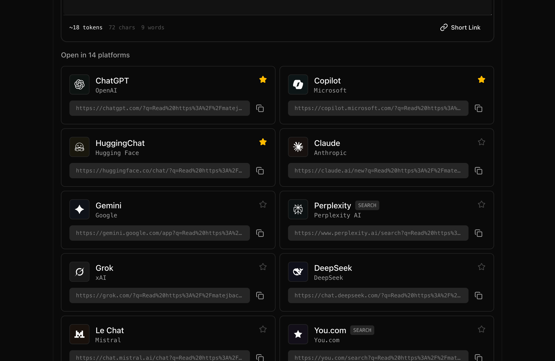 Most commonly used AI platforms can be favorited, so they are highlighted and stay at the top of the list.