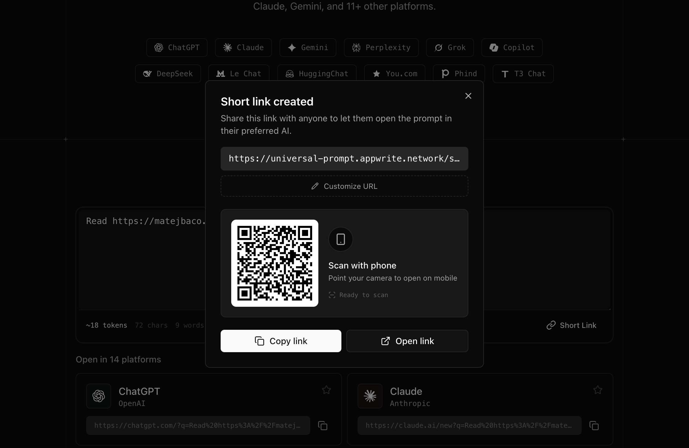 Short links if a developer intends to allow visitors to pick a model of their preference. Modal includes quick options to copy the link for sharing, open in a new tab for testing, or a QR code to scan on a mobile device.