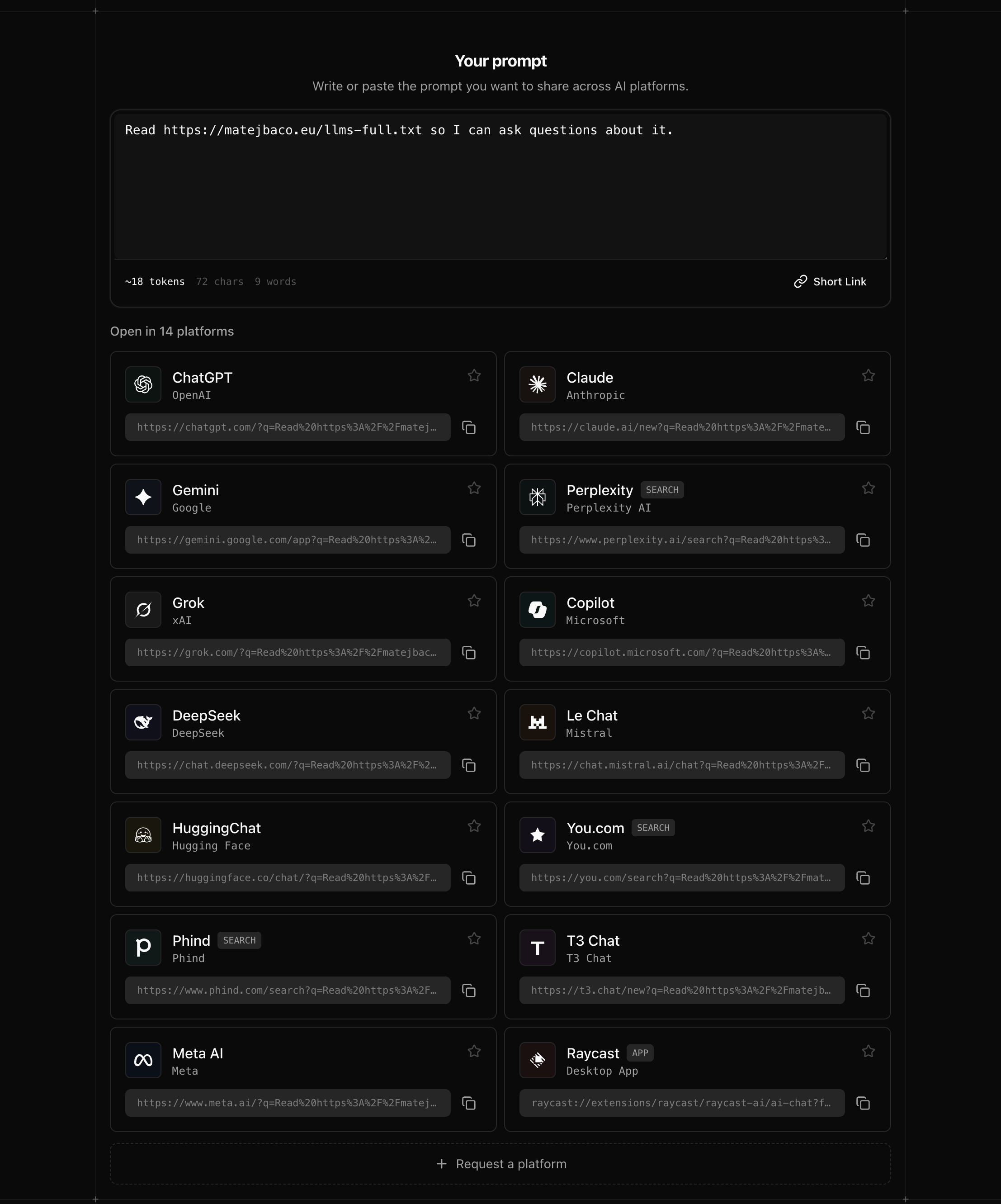 Deep links to all AI platforms for the prompt the user entered, with the ability to quickly copy them.