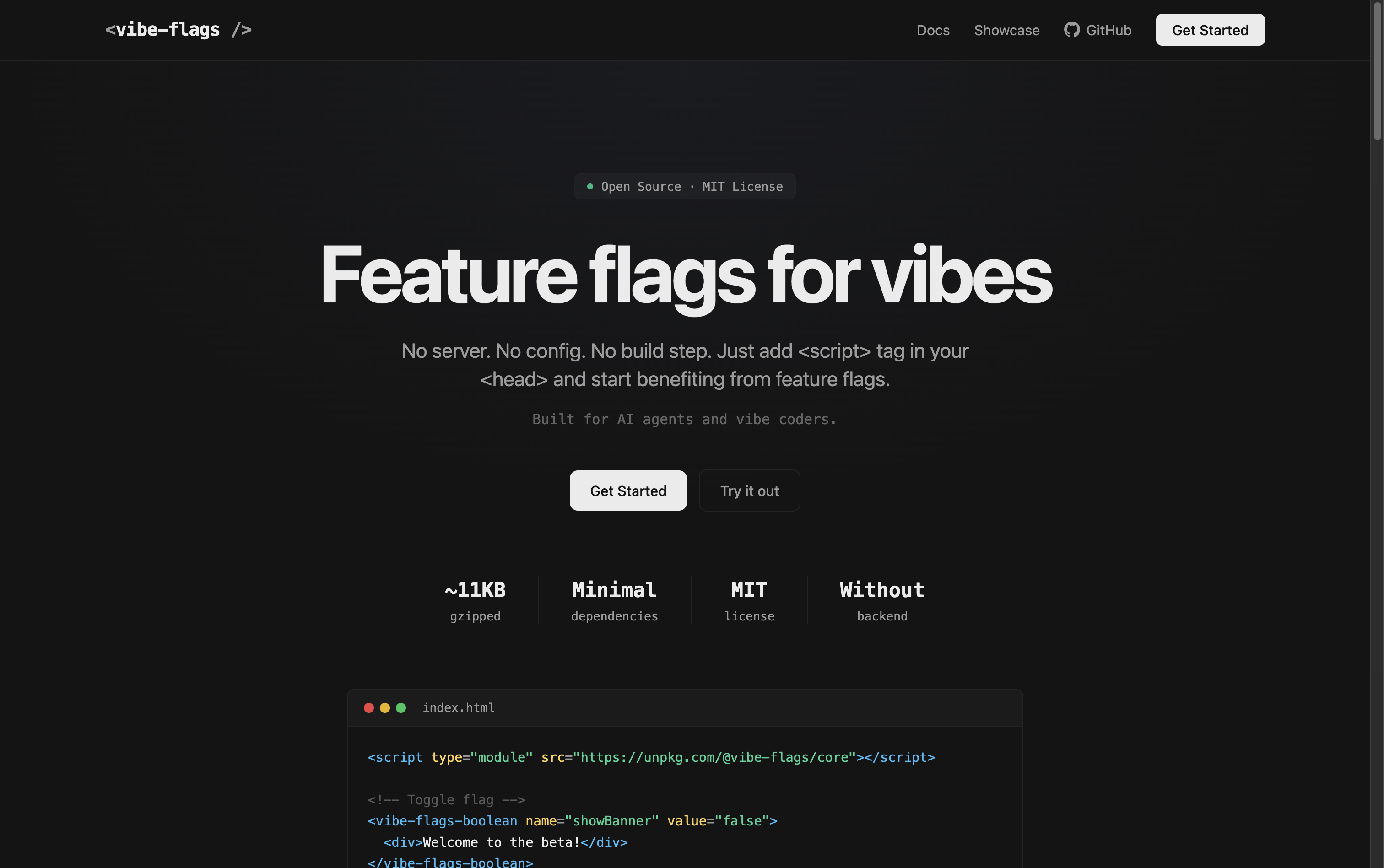 Landing page built using React and Tailwind as part of Fumadocs project. Simple hero section with modern design focused on developers and two quick call-to-actions linking to docs and showcase.