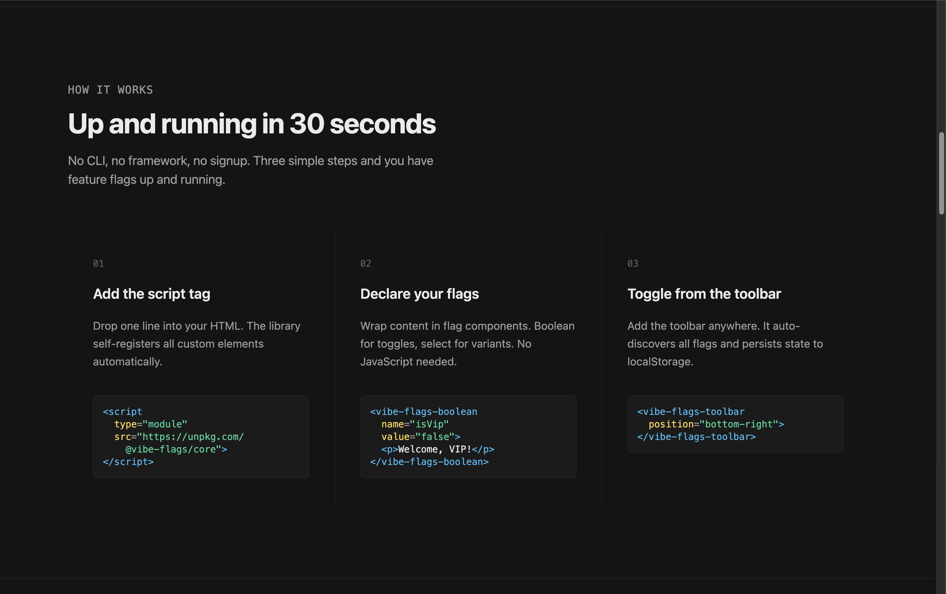 Showcase of how simple it is to install and use Vibe Flags, with extra focus on the toolbar, which is the biggest selling point for the library. Generic HTML also indicates it's framework-agnostic.
