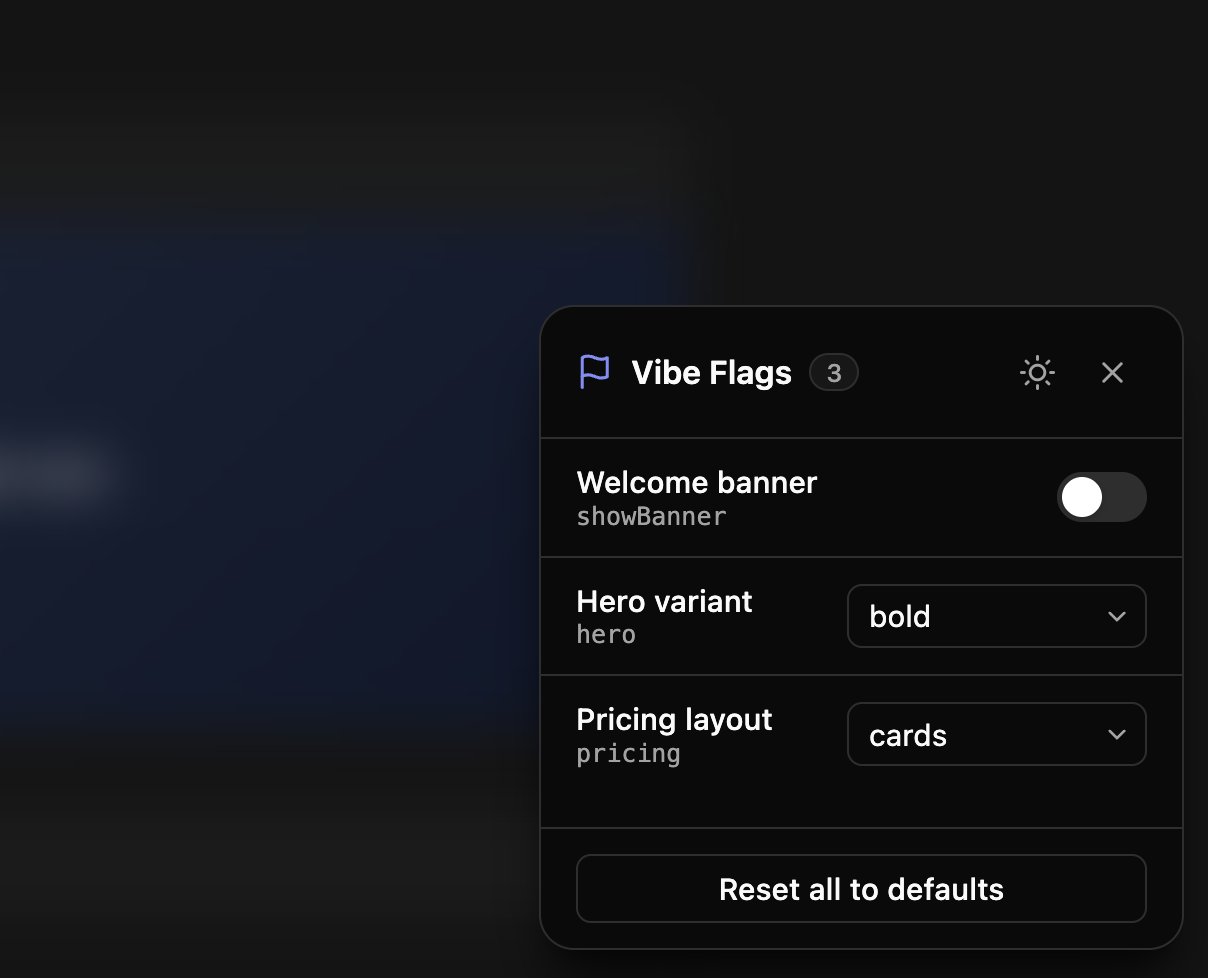 Showcase of toolbar in dark mode with boolean toggles and select dropdowns for managing flags defined on a website. This can be seen in the showcase section of the homepage.