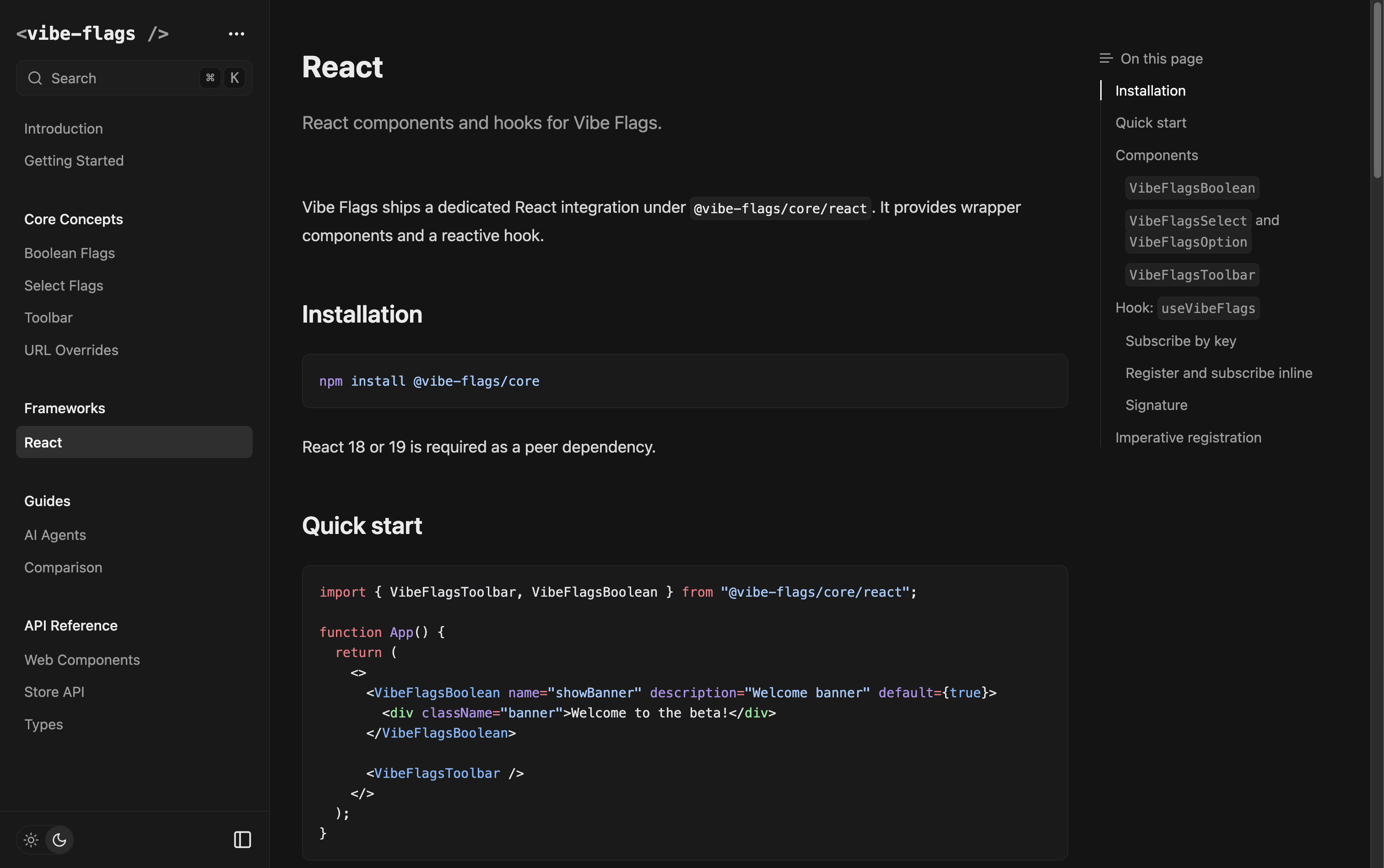 More important than the homepage, an extensive documentation page with guides, installation instructions, code examples, and more. Docs are always kept up to date with the source code itself.